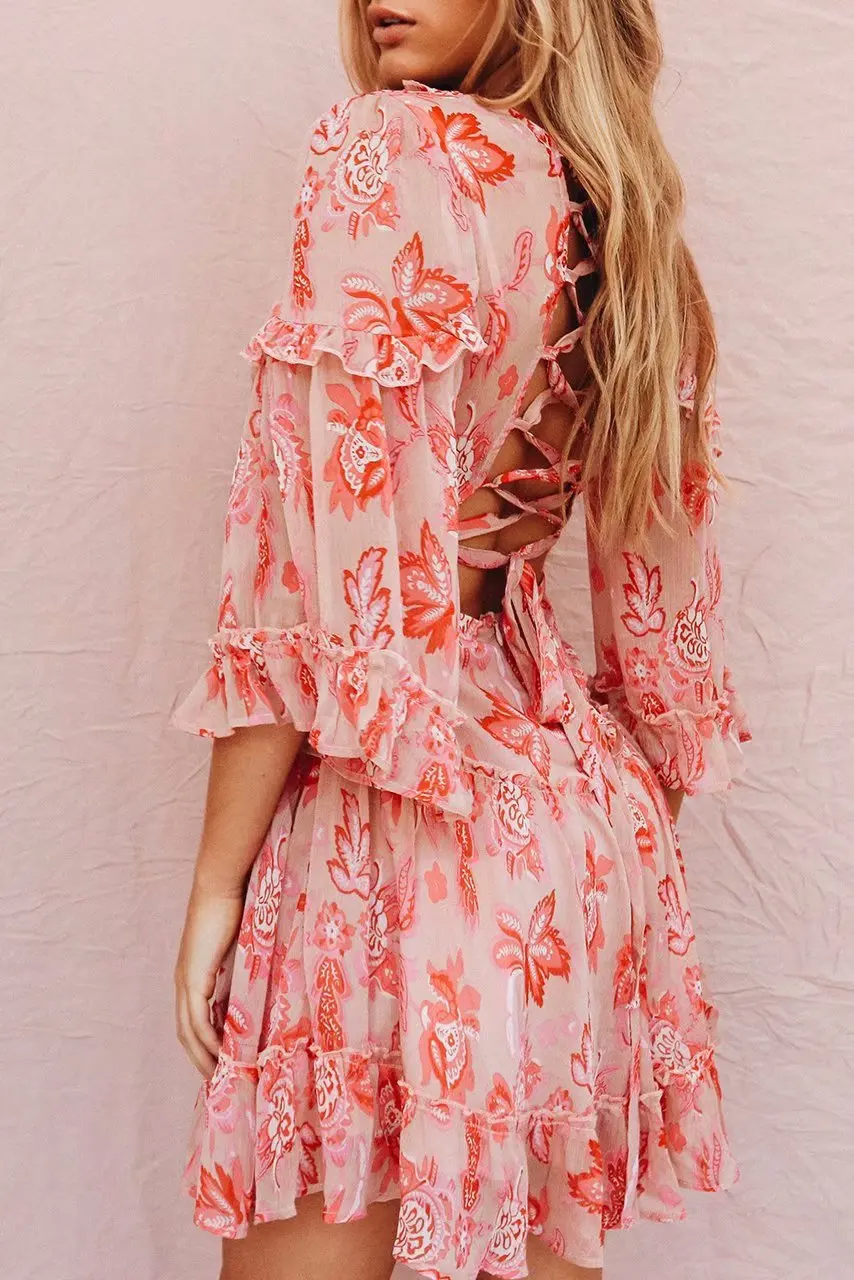 Tang Fashion Red Designer Runway Dress Women Hollow Out Ruffles Floral Print Chiffon Mini Dress Sexy Backless Deep V neck Summer Dress (13)