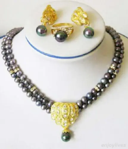 

Miss charm Jew.221 2 Rows Genuine Black Pearl Gold Plated Crystal Pendant Earrings Necklace Ring jewelry set (A0423)