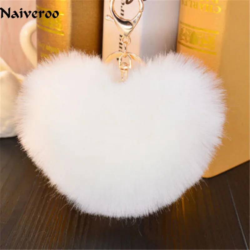 

Naiveroo Faux Rabbit Fur Love Heart Shape Keychain Cute Soft Pom Pom Pendant Phones Car Bag Charm Tag Key Ring Woman Girl