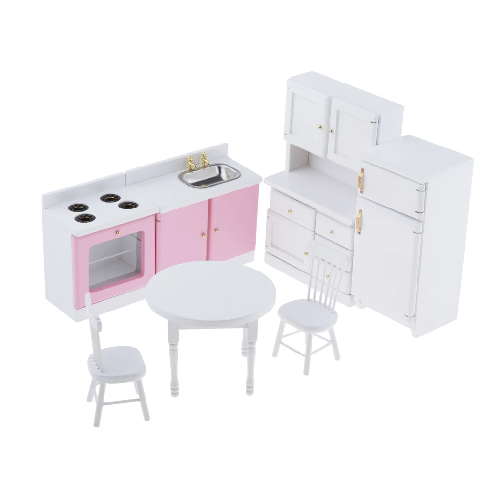 1/12 Scale Miniature Dollhouse Kitchen Furnitures Set Refrigerator, Table and Chairs, Cabinet, Countertop Decor