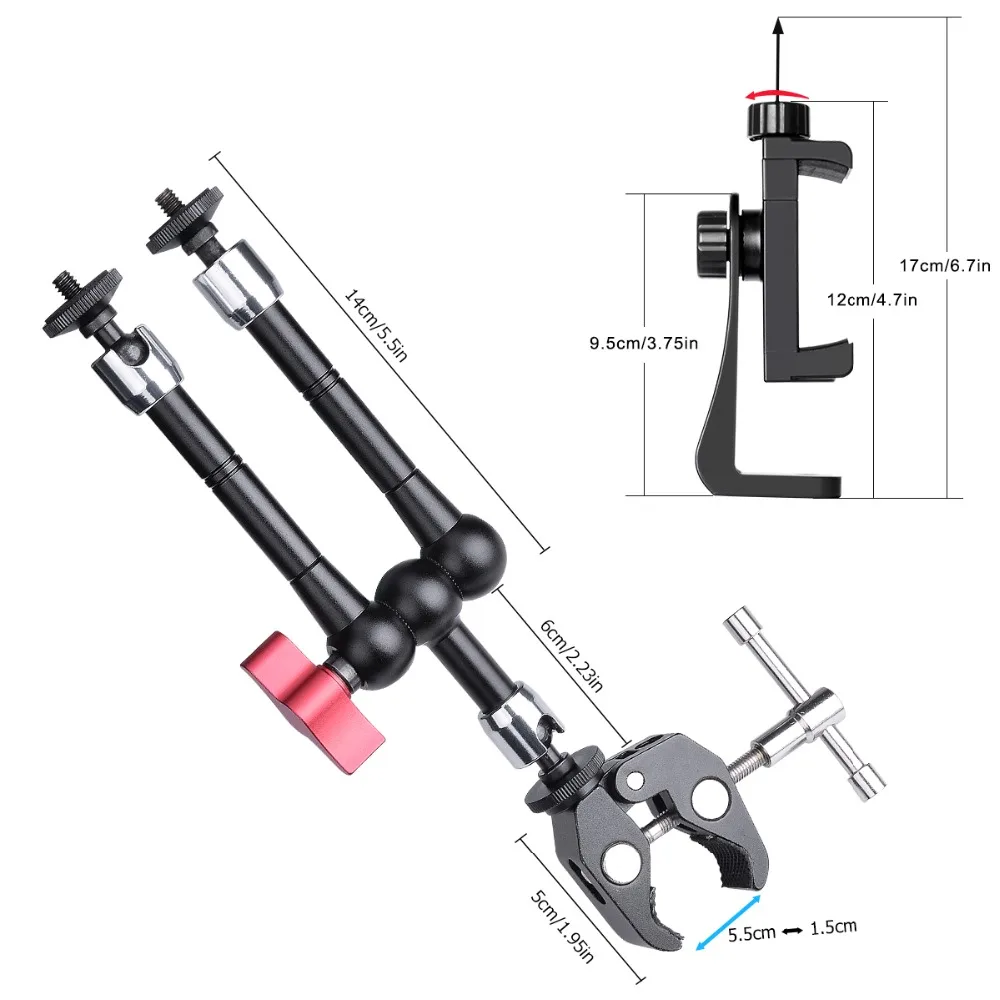 Adjustable Aluminum Alloy 3 Magic Arm Camera Clamp Mount Holder Rig for Gopro Sony Action Camera LED Flash Light Bicycle Bike (5)