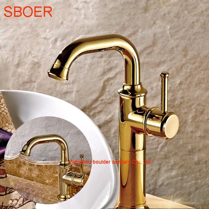 

New Hot Gold Brass Single Lever Hole Bathroom Basin Kitchen Faucet with ceramic Handle, Swivel Spout, Hot Water Gold Mixer Tap