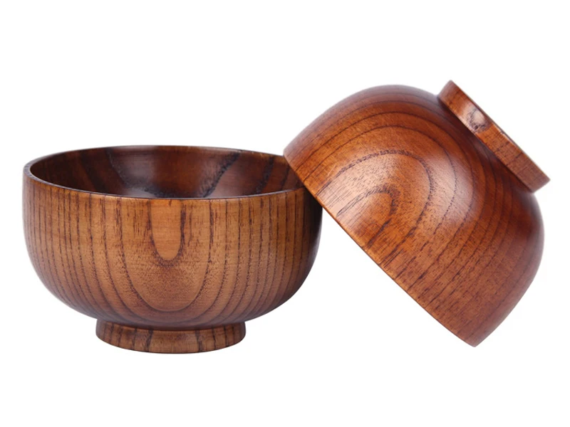 Natural Wood Bowl Chinese Rice Soup Bowl Adults Kids Tableware Japanese Style Wooden Bowl Kitchen Utensils Food Container 2 Sizes (4-1)