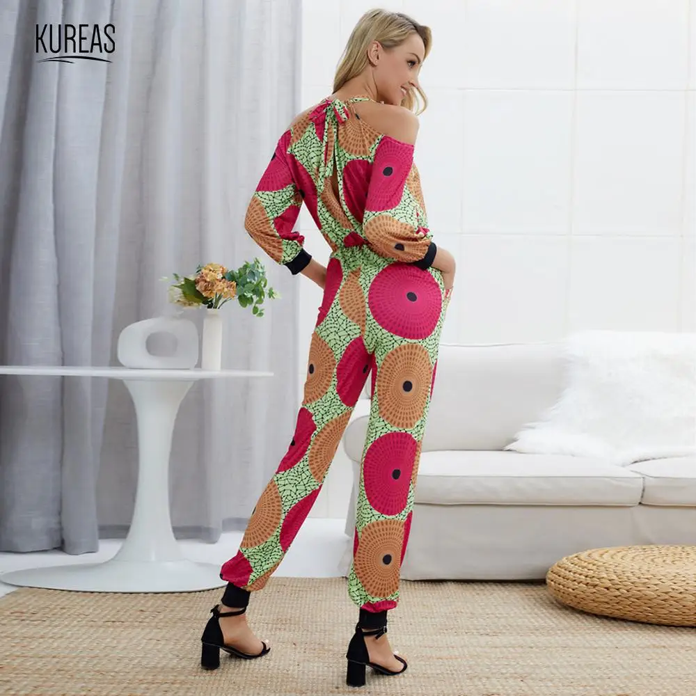 Kureas African Clothes Women Jumpsuit Off Shoudler Halter Romper High Waist National Print Sexy Backless Jump Suit Casual