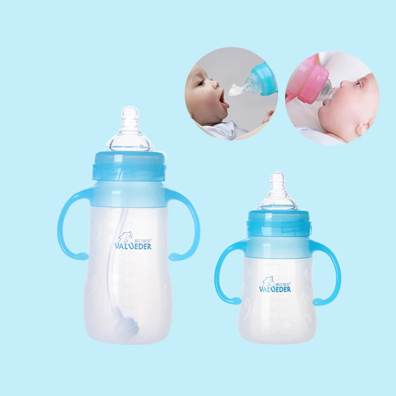 Новейший VALUEDER 2 шт бутылочки для кормления с набор для кормления с широким горлом без BPA мягкая силиконовая насадка на бутылочку для кормления с ручкой для детей - Цвет: Blue silicone bottle