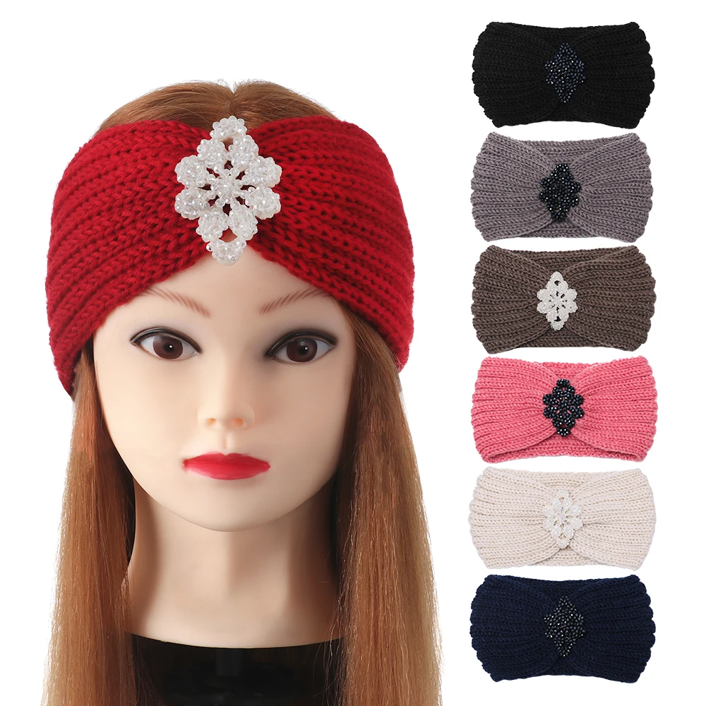 

Fashion Women Knitted Headbands Ostrich Hairbands Winter Warm Head Wrap Bands Diamonds Female Handmade Solid Keep Warm Bands