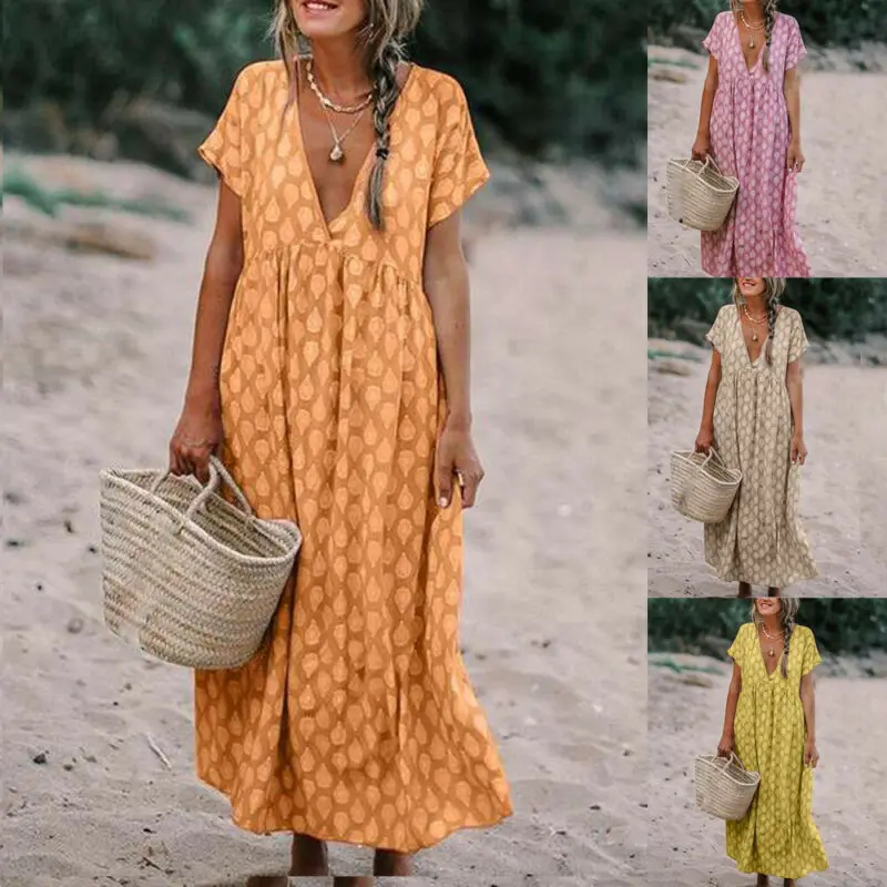 Летняя женская Бохо Цветочная туника с коротким рукавом свободный Сарафан для пляжа и выходных женщин Девушка Повседневный свободный с принтом праздничное длинное платье