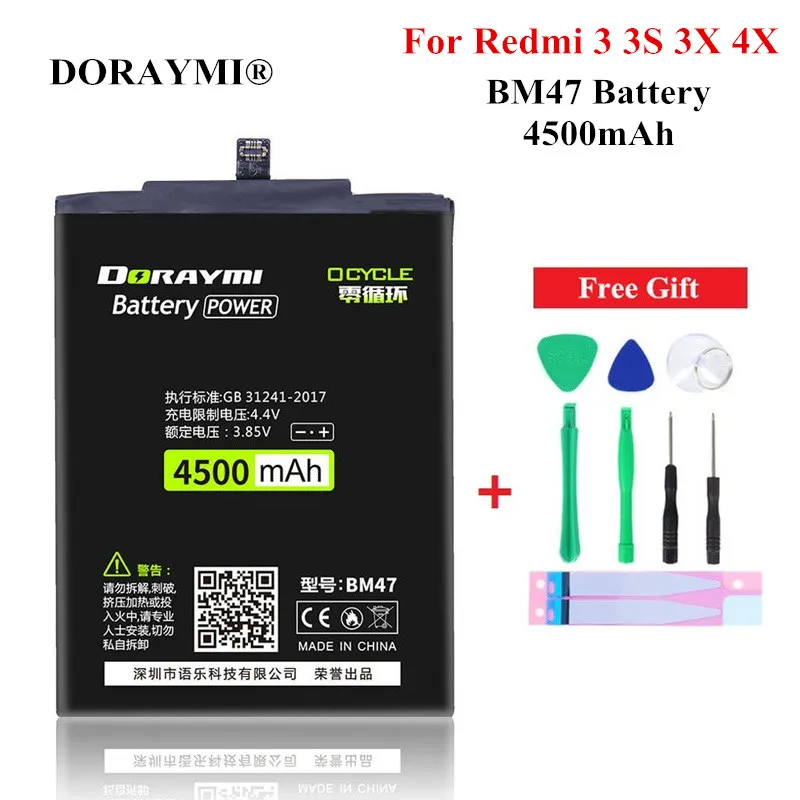 

DORAYMI 4500mAh Phone Battery BM47 for Xiaomi Redmi 3 3S 3X 4X High Quality Replacement Bateria Rechargeable Batteries + Tools