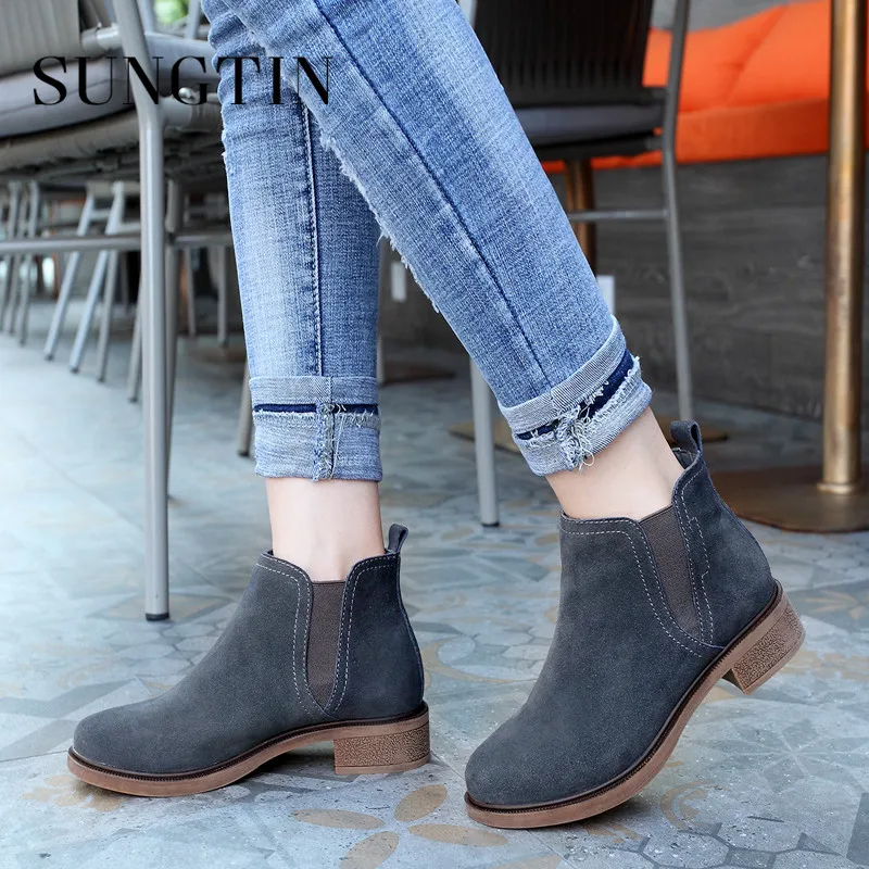 Heißer Runde Kurze Frau Stiefel Ferse Kappe Schwarzes on Chelsea Wildleder Verkauf Herbst Niedrigen Frauen Stiefeletten grau Casual Sungtin Slip zZdqHwH