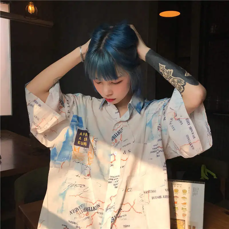 Neploe Harajuku уличная блузка рубашка короткий рукав отложной воротник Топ Цифровая печать женские мужские рубашки большого размера 37776