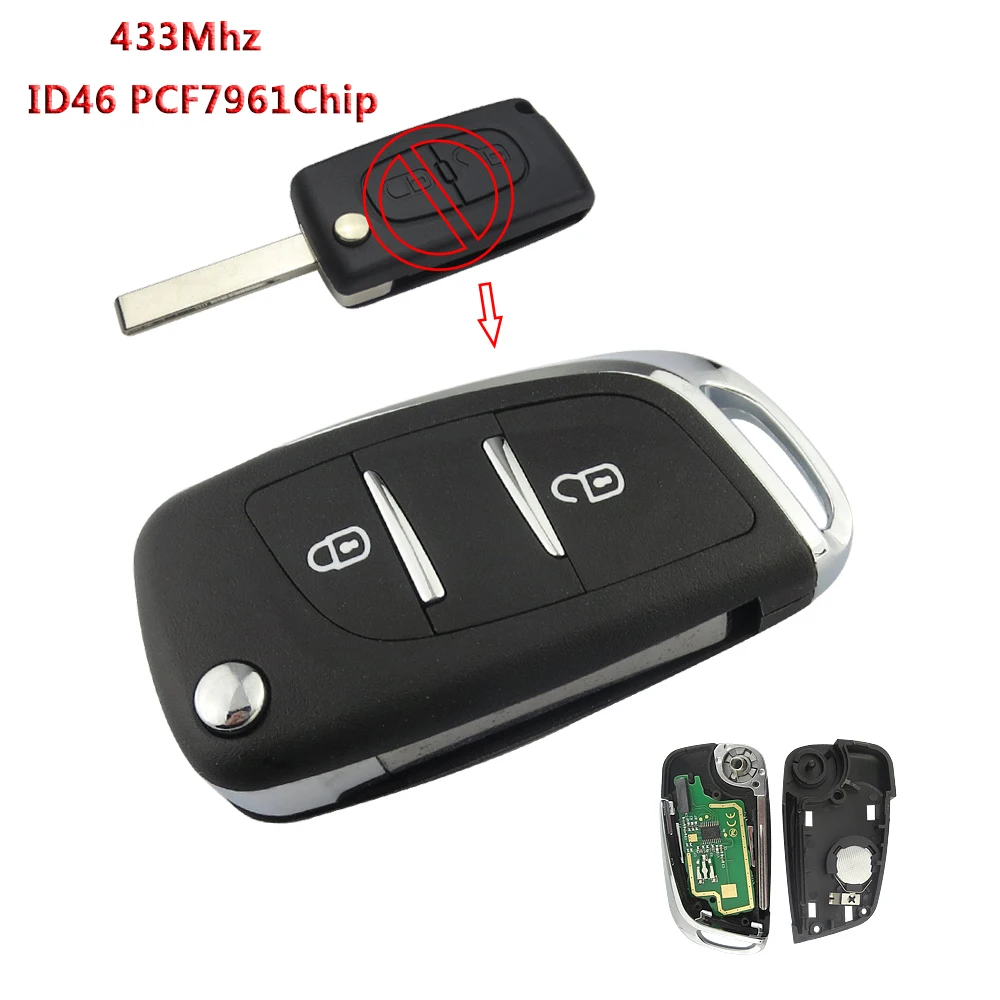 

2 Buttons Modified Flip Complete Remote Key 433Mhz ID46 PCF7961 Chip For PEUGEOT 207 208 307 308 408 For Citroen