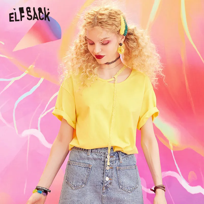 

ELF SACK Lace Casual Cotton Women Tops Fashion Solid Loose Female T-shirt 2019 New Basis Woman Tee Oversizded Femme T-shirts