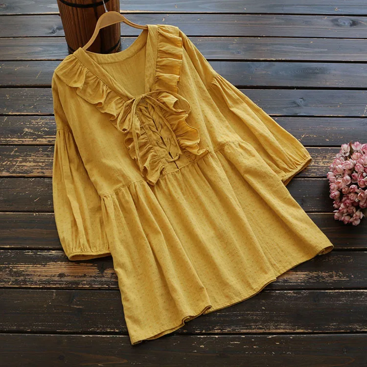 

5491 new spring women Japan style loose V-Neck Cotton Blouse ruffled collar women top long sleeve loose solid women casual