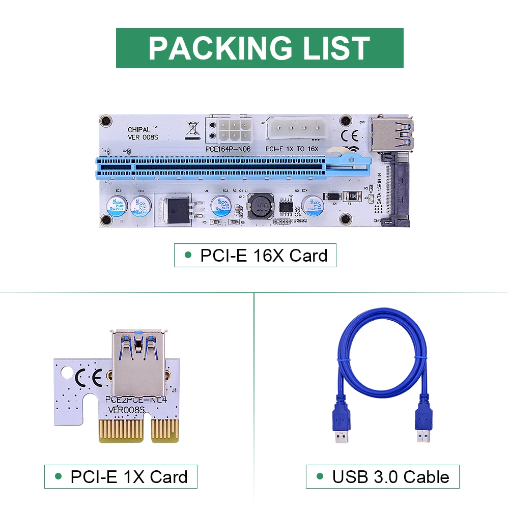 CHIPAL 60 см 008S PCI E Райзер карта 008 PCIE Exppress 1X до 16X адаптер SATA 6Pin 4Pin питание для майнинга