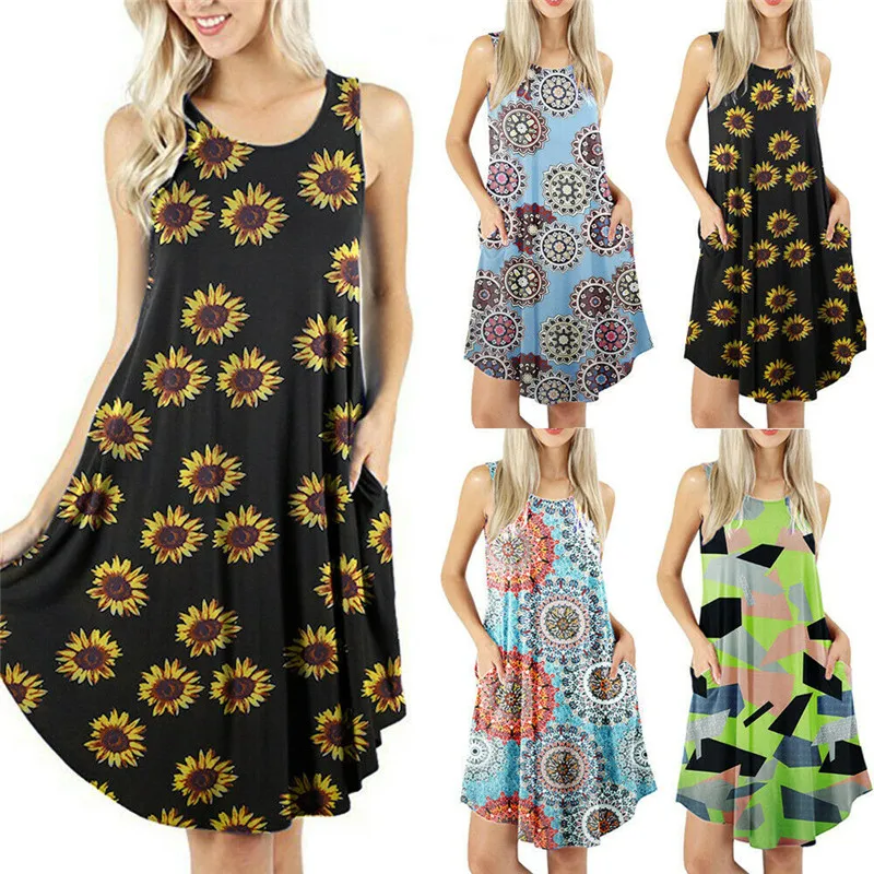 

Women Summer Boho Sleeveless Flower Casual Loose Dress Cocktail Party Beach Dresses Sundress