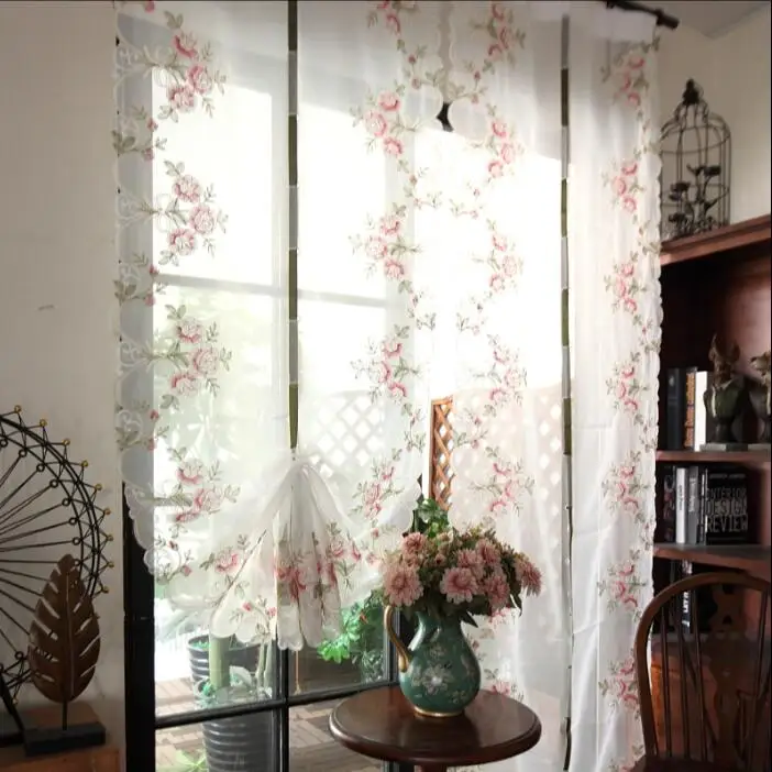 Pastoral Tulle Window Roman Curtain Embroidered Sheer For Kitchen Living Room Bedroom Window Curtain Screening 1PCS
