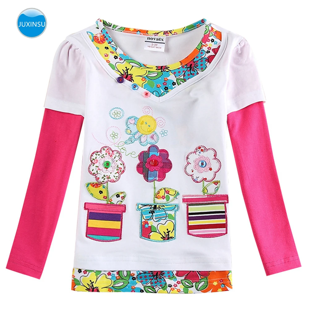 JUXINSU/хлопковая футболка с длинными рукавами для девочек; осенне-зимняя повседневная футболка с вышивкой в виде трех цветочных горшков для девочек 1-7 лет