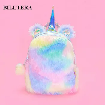 

Plush Unicorn Hologram Backpacks Women Laser Mini Double Shoulder Bag Kawaii Lolita Student Rainbow Fur Backpack with Cute Ear