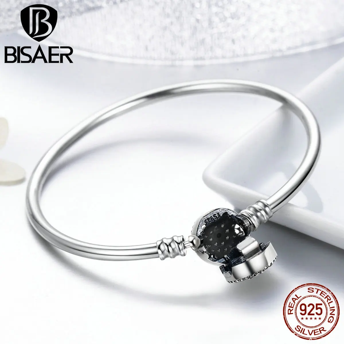 Günstige BISAER Echt 925 Sterling Silber Blau Glück Bösen Augen Blue Eye Femme Armbänder   Armreifen für Frauen DIY Zubehör Schmuck ECB012