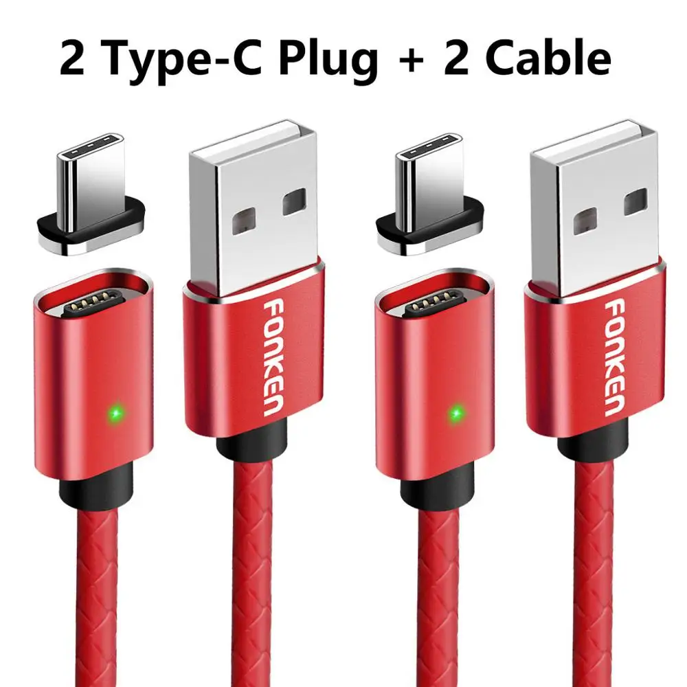 Магнитный кабель FONKEN type-C, USB C, кабель для быстрой зарядки телефона, светодиодный двусторонний кабель для быстрой зарядки и синхронизации данных для мобильного телефона - Цвет: 2 Plug 2 Red Cord