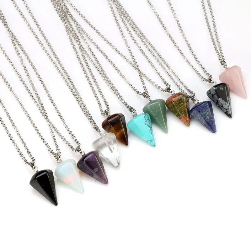 

Natural Quartz Crystal Energy Healing Point Reiki Chakra Cut Gemstones Pendant Necklace With Metal Chain Crystal Stone Decor