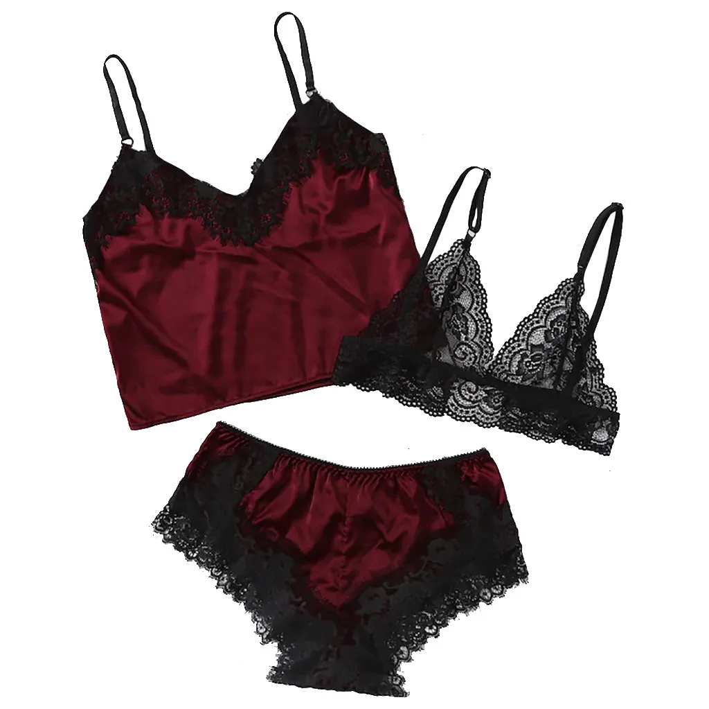 

Lace Underwear 3Colors Sexy Exquisite Lace Lingerie Bra+Tops+Underwear Set Babydoll Cut-Out Sleepwear Wine Red Green Pink