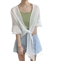 Женская Солнцезащитная блузка летняя шифоновая короткая шифоновая блузка с длинными рукавами, шаль-блузка, топы, Пляжная блузка, Blusa Femininas
