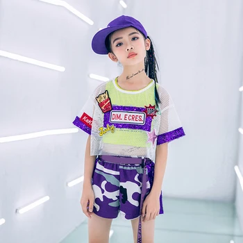 

Girls Costumes For Jazz Dance Clothes 3pcs Camouflage Pant Net Hollowing Out Tops Hiphop Street Dance Girls Dance Costume BL1869