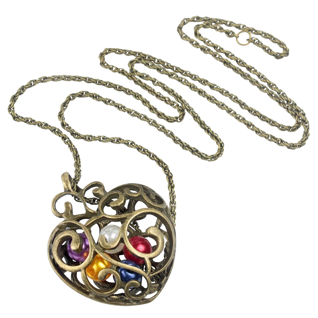 

Hollow Heart with Colorful Pearl Pendent Bronze Long Necklace,Gold
