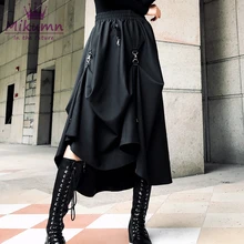 Харадзюку панк стиль юбки для женщин высокая талия сплайсинга Пряжка нерегулярные готическая юбка черная мода уличная Свободно регулируемая