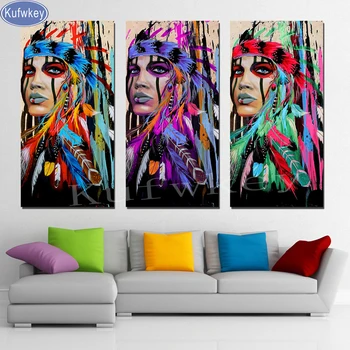 

Triptych DIY diamond Embroidery 5D diamond painting Indians feathered ross stitch kits for living room embroidery with diamond