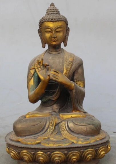 

8" Old Tibet Temple Silver Gilt Seat Lotus Shakyamuni Amitabha Buddha Statue R0707