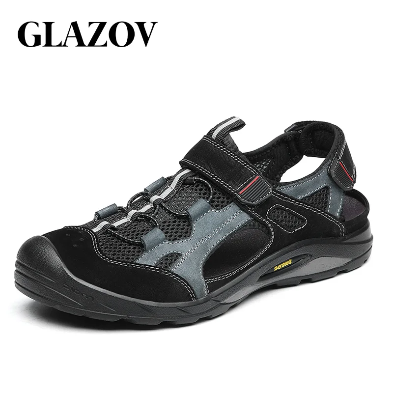 

GLAZOV 2019 Sandals Men Outdoor Summer Shoes Beach Flat Heel Sandals Comfortable Men Shoes Leather Breathable sandalias hombre