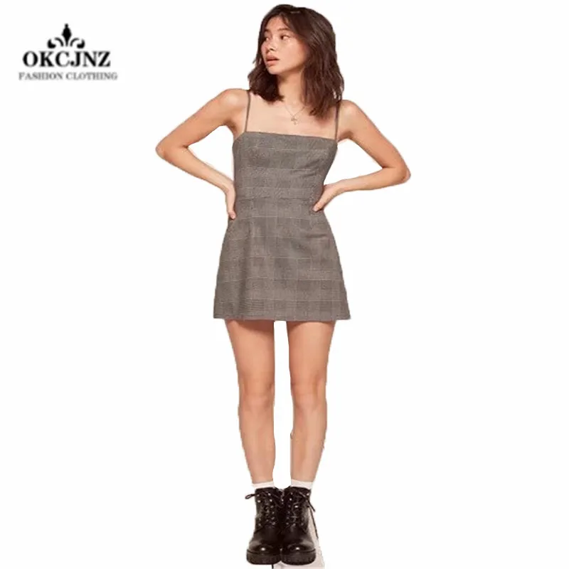 

2019 Summer New European Style Fashion Simple Slim women's Dress Retro Plaid Leopard Print Mini Sling wild Dresses Female X0115