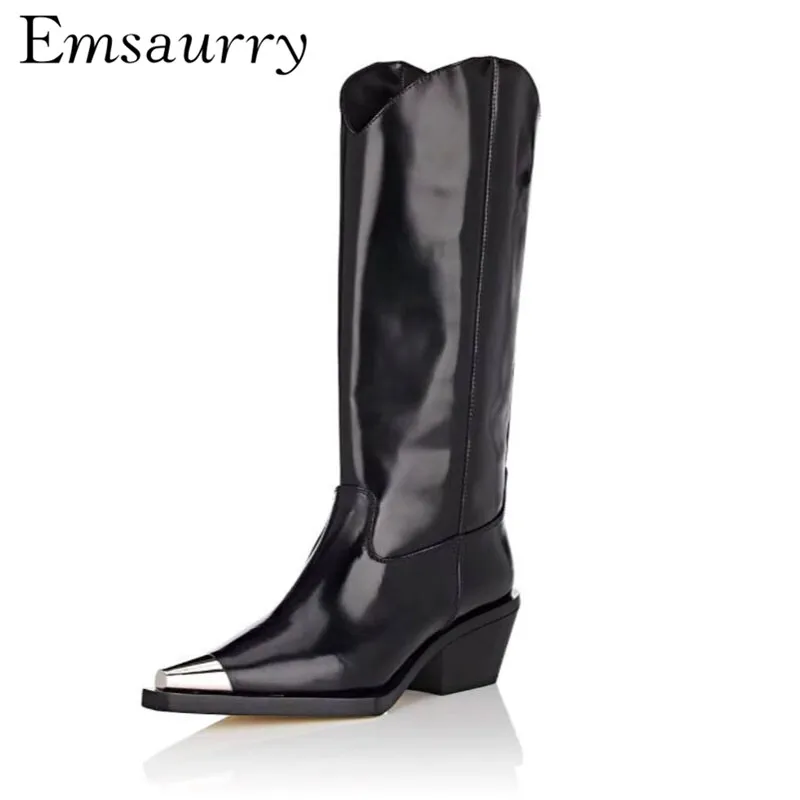 

New Autumn Mid Calf Martin Boots Square Thick Heel Metal Point Toe Slim Long Booties Women Motorcycle Boots