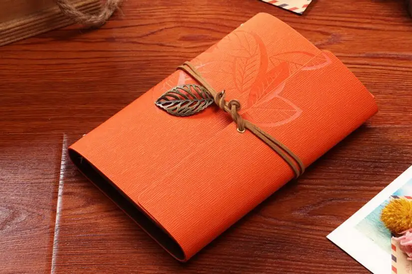 5 Inch 14.5x10.5cm PU Leather Vintage Khaki Paper Maple Leaf Photo Album Diary Notebook 80 Sheets Steel Ring Binding
