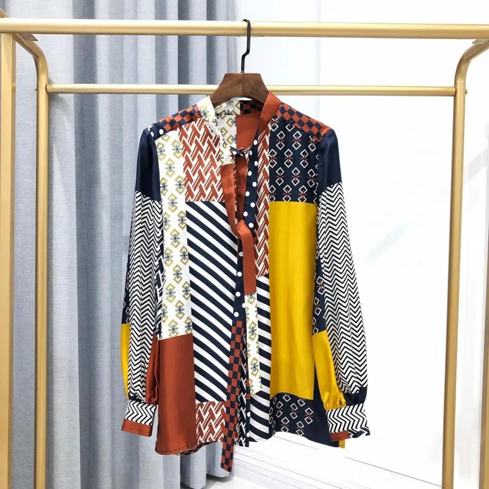 

2019 Autumn New Women's Fashion Wild Strap Silk Color Printed Twill Silk Long Sleeve Shirt 0629
