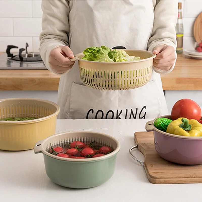 Strong Double Layer Kitchen Drain Basket Fruit Vegetable Washing Basket Plastic Kitchen Tools Cleaning Storage Basket Organizer