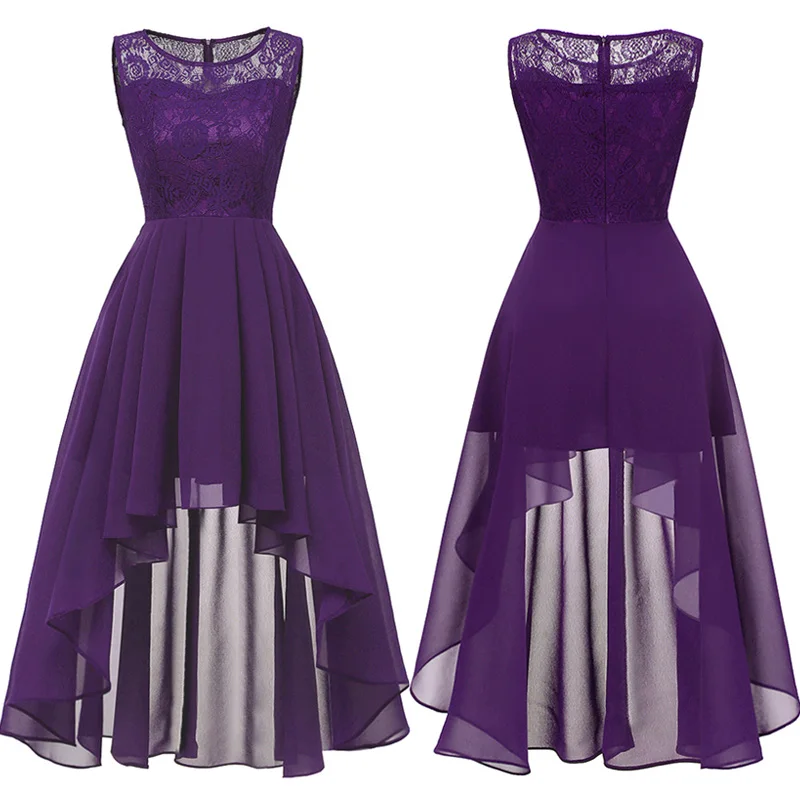 Tonval винтажное фиолетовое элегантное контрастное кружевное Макси платье Женская Высокая Низкая одежда с каймой на банкет вечерние шифоновые длинные платья
