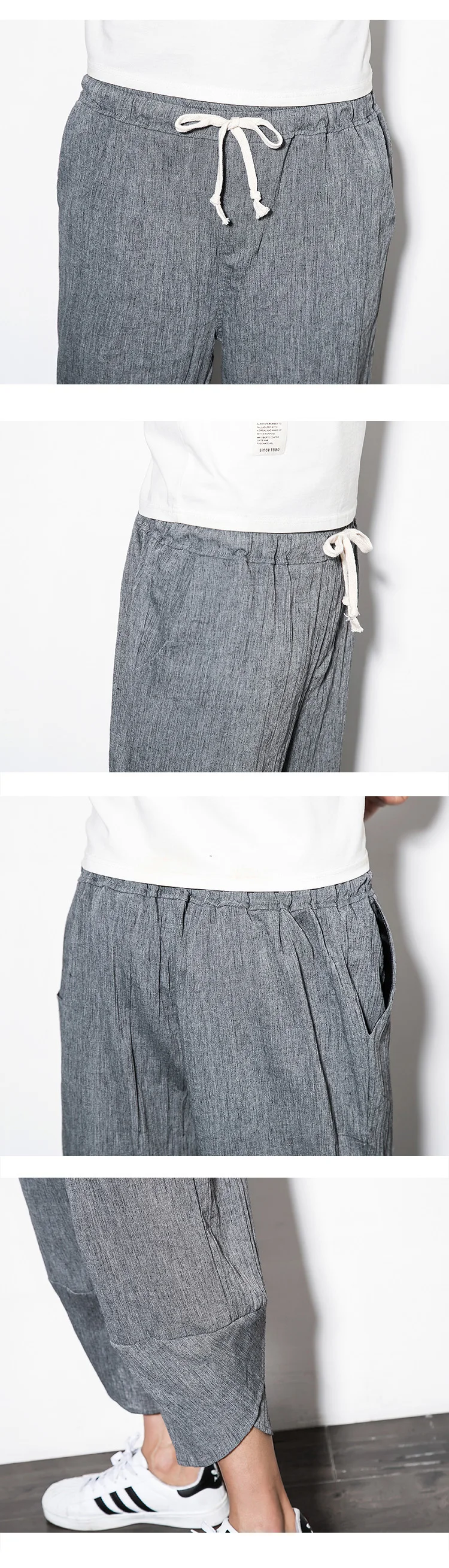 Китайский стиль Летние Пляжные штаны однотонные узкие формы darwstring брюки мужчины белье Штаны Мужской Свободные укороченные Штaны-клёш