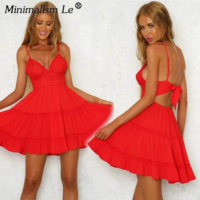 

Minimalism Le Solid Cover Up Woman Sexy Backless Beach Dress Lace-up Skirt Bikinis Ruffle Swimwear Swimsuit Halter Beachwear