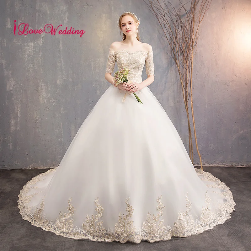 ILoveWedding 2019 новый стиль с открытыми плечами Золотая Кружевная аппликация на заказ