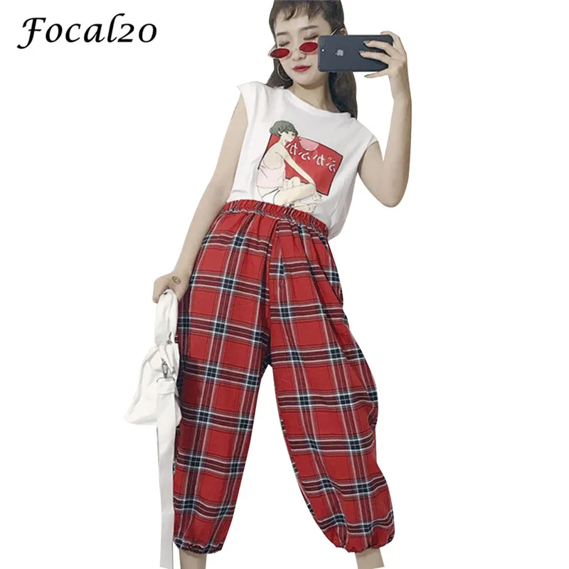 Focal20 Streetwear Hit Color Plaid Women Lantern Pants Elastic High