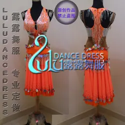 Новый Латинской юбка Orange Latin dress Серебряный Бисера трубки латинской dance dress