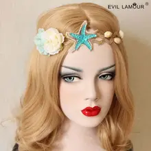 Женская повязка на голову для отпуска, в богемном стиле, морская звезда, морская звезда, стразы, повязка на голову, цветок, пеньковая веревка, пляжные вечерние головные уборы