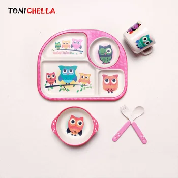 

Baby Bamboo Fiber Tableware 5 Pcs/Set Children Dinner Cartoon Plate Bowl Fork Spoon Cup Feeding Set Supplier Food Dishes BB5090