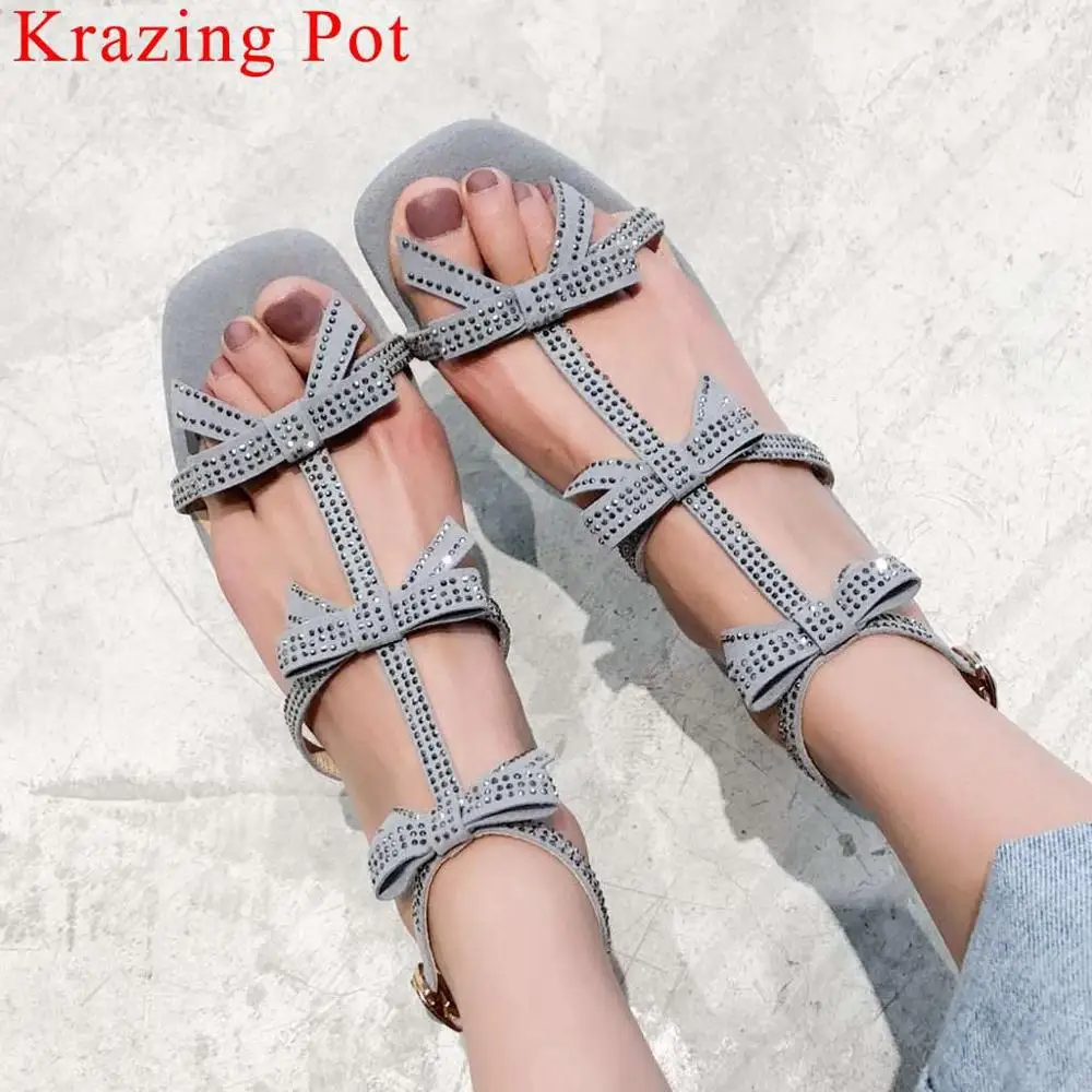 

Krazing Pot princess style chunky med heels buckle strap women sandals peep square toe butterfly-knot decoration fairy shoes L26