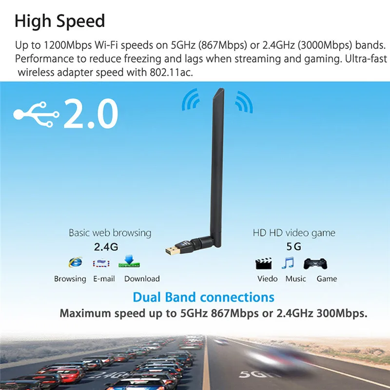 Двухдиапазонный 1200 г/5 г 2,4 Мбит/с беспроводной USB WiFi адаптер с антенной 802.11AC для компьютера EM88