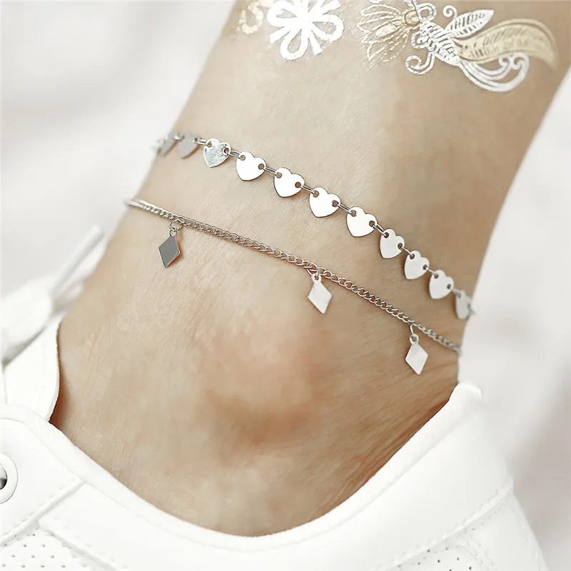 

Multi Layer Heart Geometric Pendant Anklet Silver Color Foot Chain Summer Yoga Beach Leg Bracelet Charm Anklets Jewelry Gift