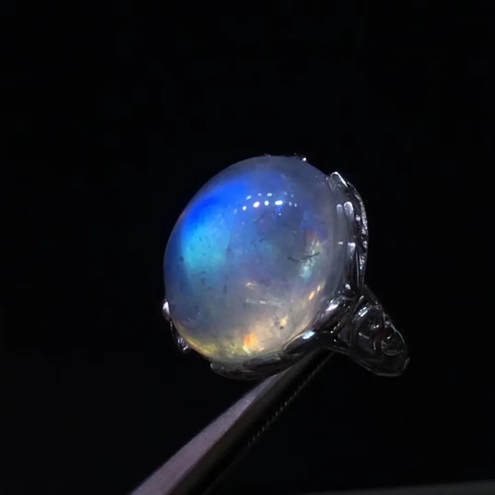Высокое качество, натуральный лунный камень, сильный синий светильник, регулируемое кольцо, 19x15 мм, прозрачные бусины, серебро, для женщин и